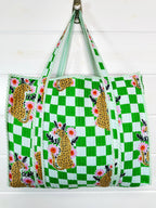 Green Checkered Jaguar Print Quilted Cotton Tote Bag