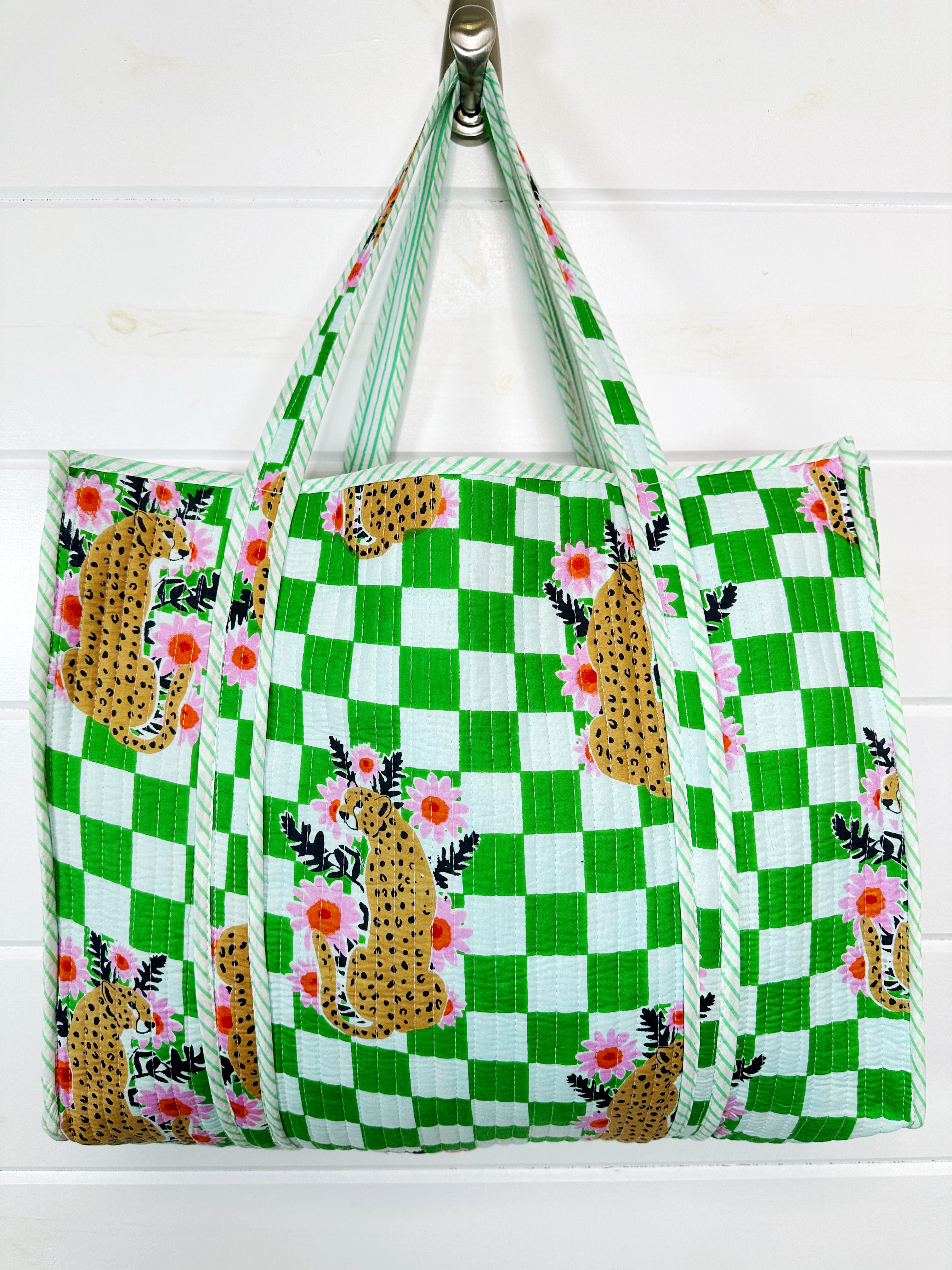 Green Checkered Jaguar Print Quilted Cotton Tote Bag