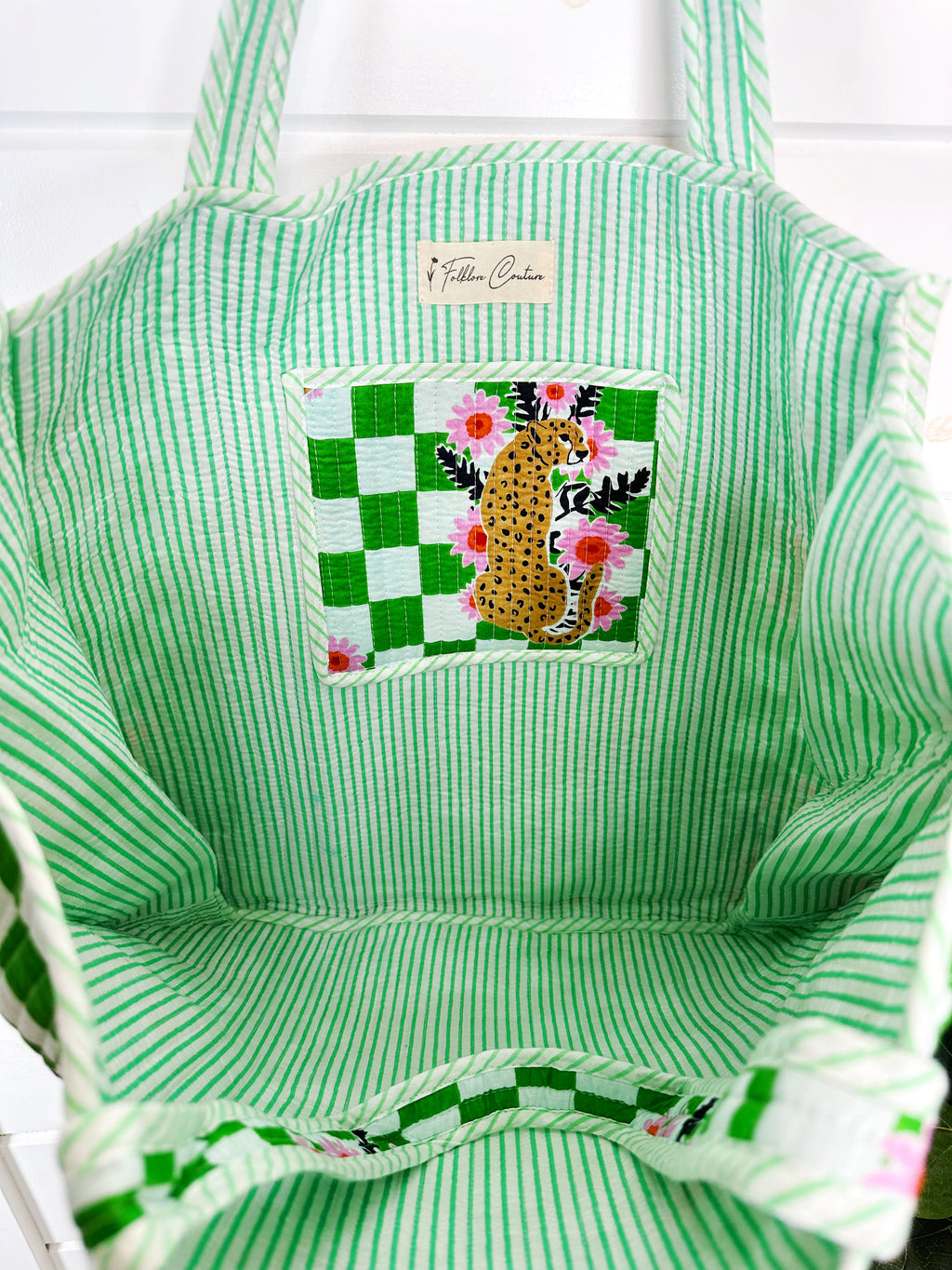 Green Checkered Jaguar Print Quilted Cotton Tote Bag
