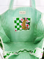 Green Checkered Jaguar Print Quilted Cotton Tote Bag