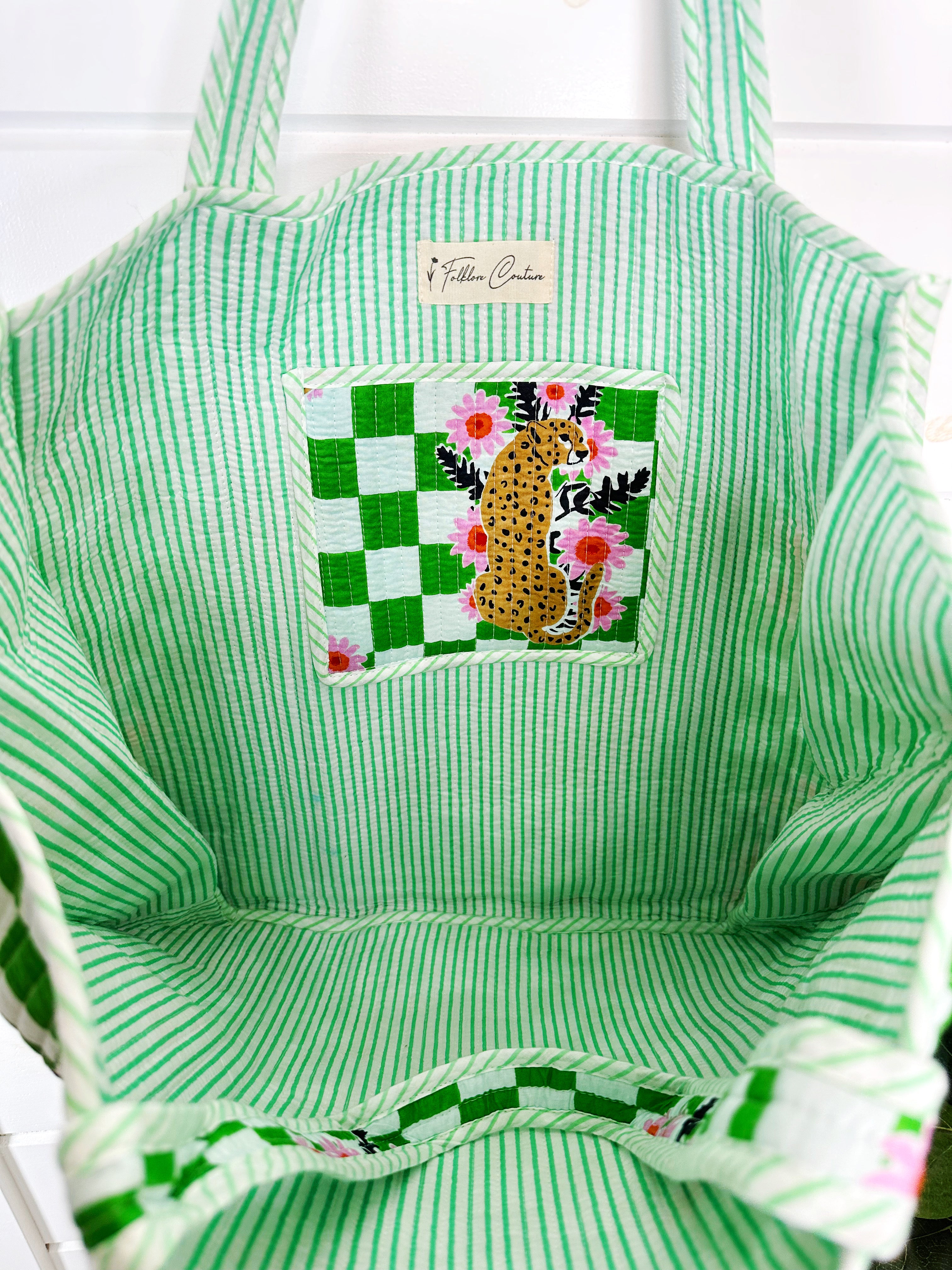 Green Checkered Jaguar Print Quilted Cotton Tote Bag