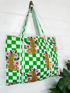 Green Checkered Jaguar Print Quilted Cotton Tote Bag