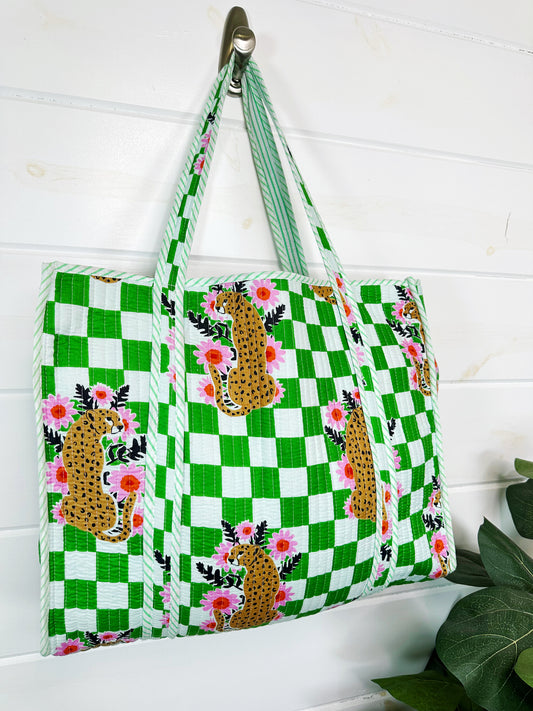 Green Checkered Jaguar Print Quilted Cotton Tote Bag