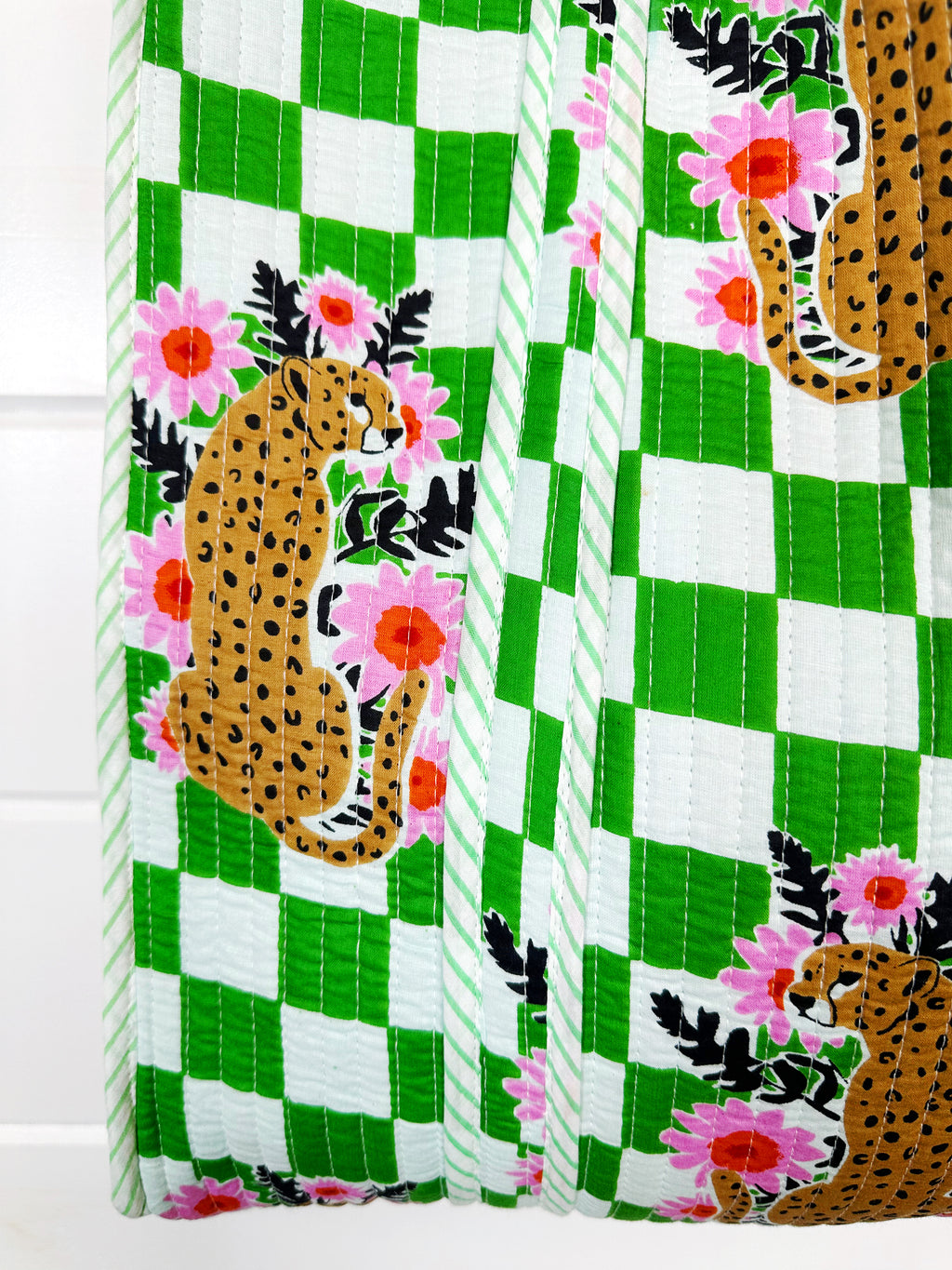 Green Checkered Jaguar Print Quilted Cotton Tote Bag