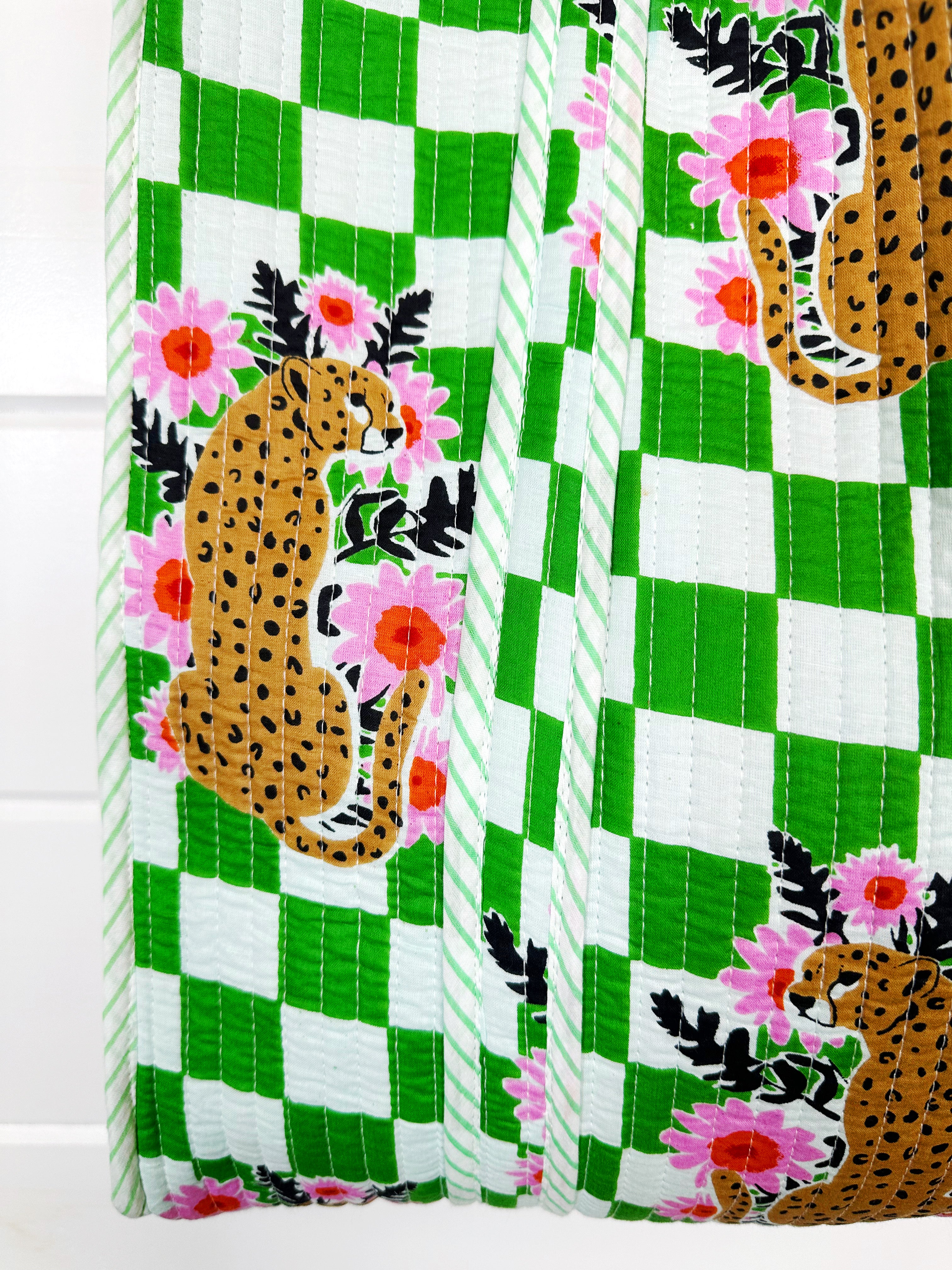 Green Checkered Jaguar Print Quilted Cotton Tote Bag