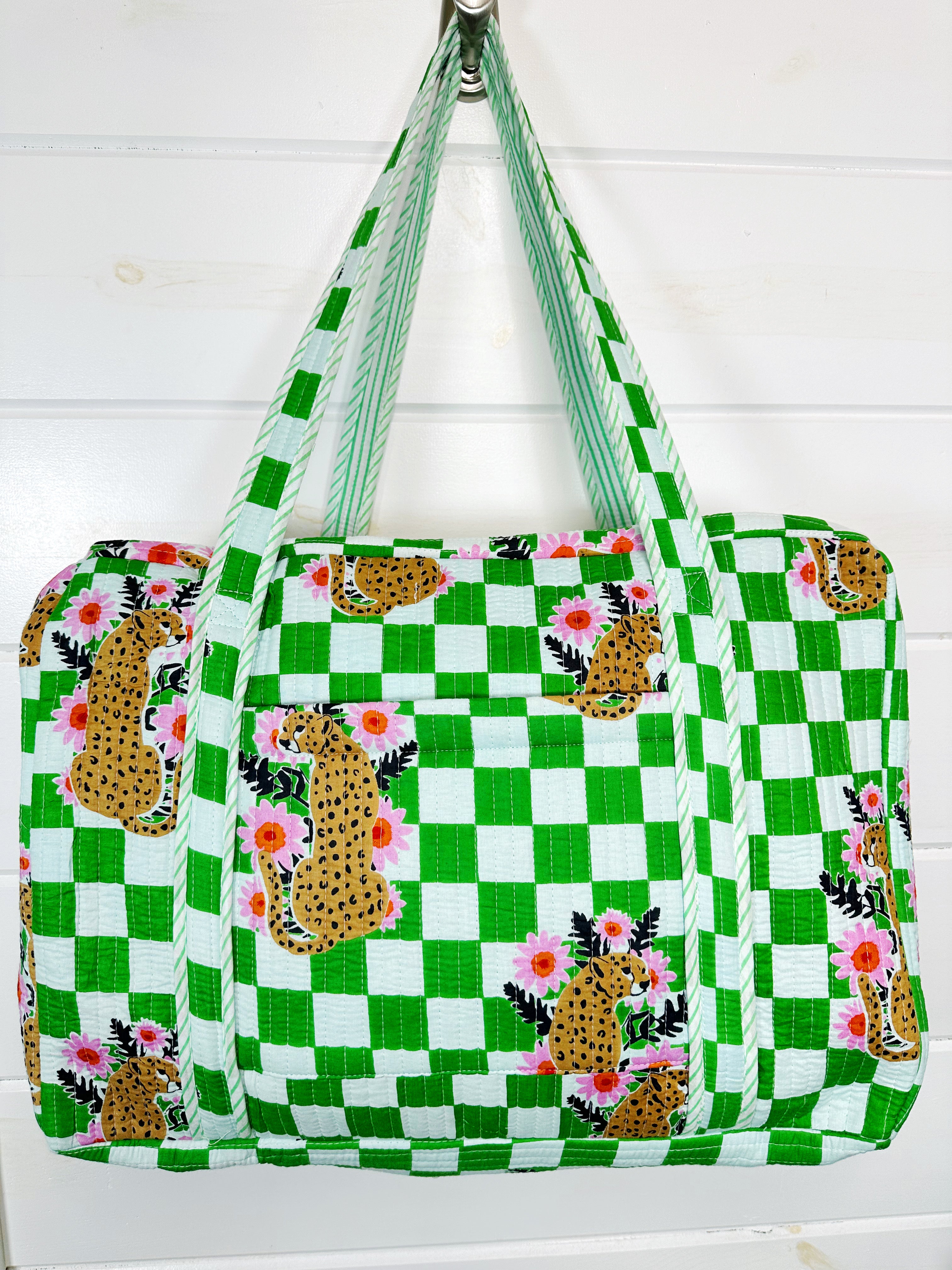 Green Checkered Jaguar Print Quilted Weekender Overnight Bag