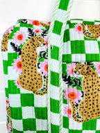 Green Checkered Jaguar Print Quilted Weekender Overnight Bag