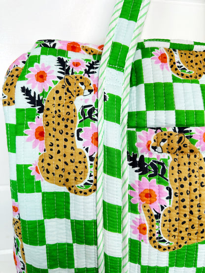Green Checkered Jaguar Print Quilted Weekender Overnight Bag