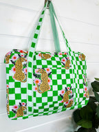 Green Checkered Jaguar Print Quilted Weekender Overnight Bag