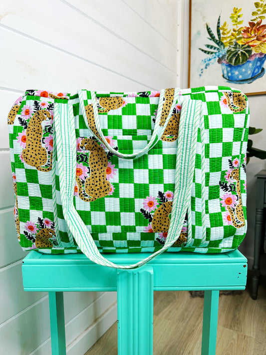 Green Checkered Jaguar Print Quilted Weekender Overnight Bag