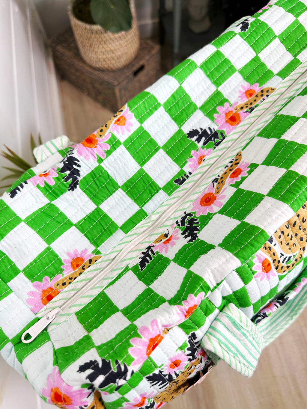 Green Checkered Jaguar Print Quilted Weekender Overnight Bag