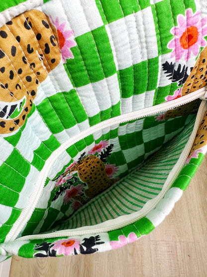 Green Checkered Jaguar Print Quilted Weekender Overnight Bag