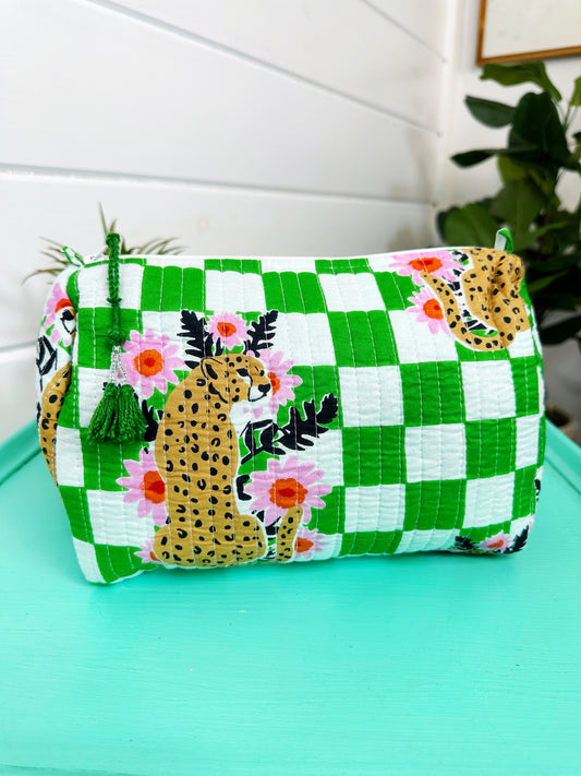 Green Checkered Jaguar Print Quilted Makeup Cosmetics Toiletry Bag