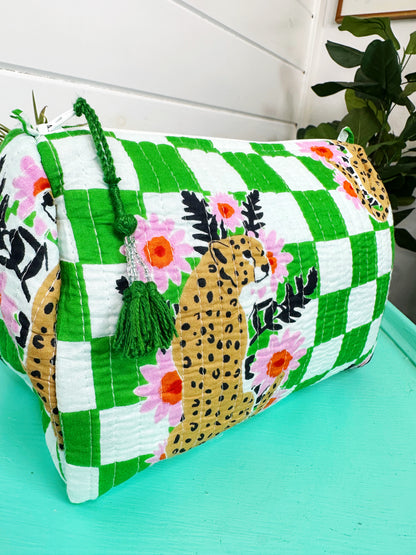 Green Checkered Jaguar Print Quilted Makeup Cosmetics Toiletry Bag