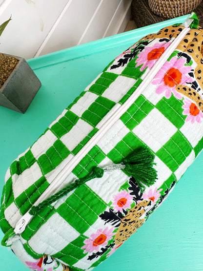 Green Checkered Jaguar Print Quilted Makeup Cosmetics Toiletry Bag