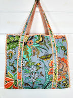 Blue Botanical Quilted Cotton Tote Bag
