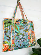 Blue Botanical Quilted Cotton Tote Bag