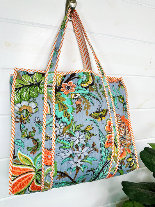 Blue Botanical Quilted Cotton Tote Bag