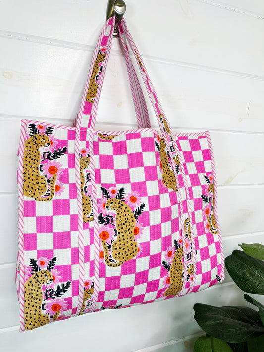 Pink Checkered Jaguar Print Quilted Cotton Tote Bag
