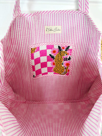 Pink Checkered Jaguar Print Quilted Cotton Tote Bag