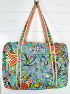 Blue Botanical Quilted Weekender Overnight Duffle Bag