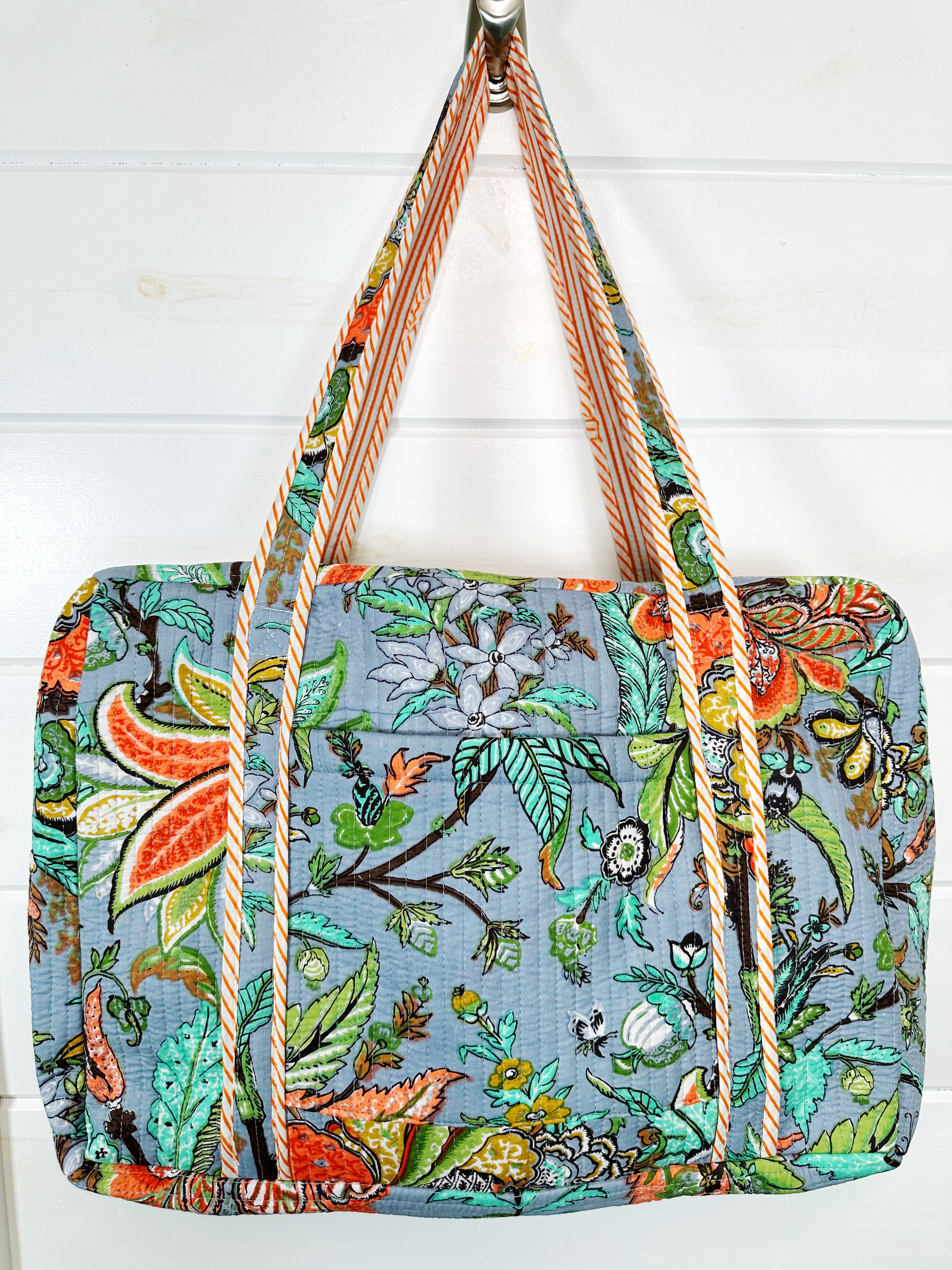 Blue Botanical Quilted Weekender Overnight Duffle Bag