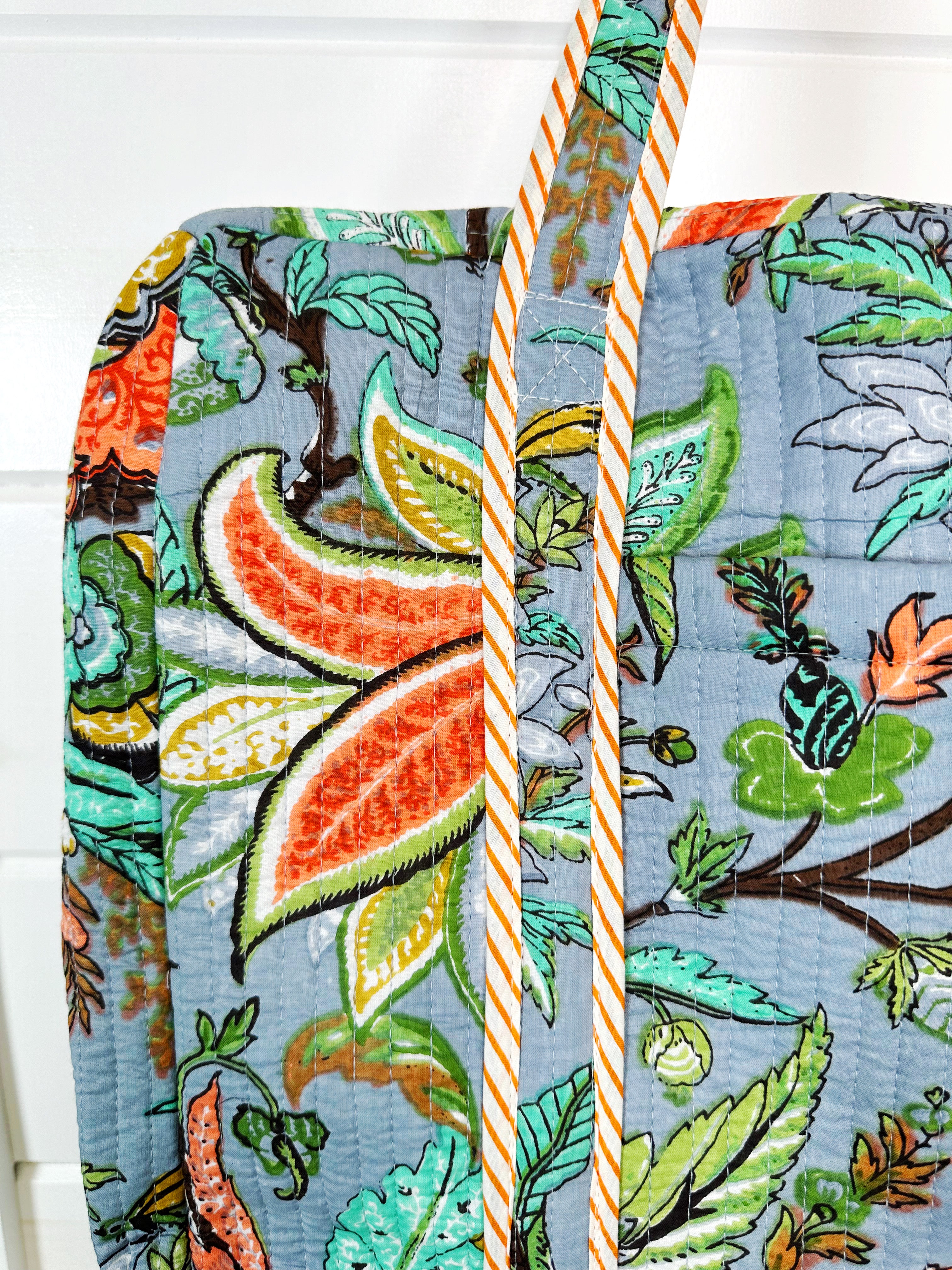 Blue Botanical Quilted Weekender Overnight Duffle Bag