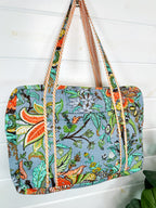 Blue Botanical Quilted Weekender Overnight Duffle Bag