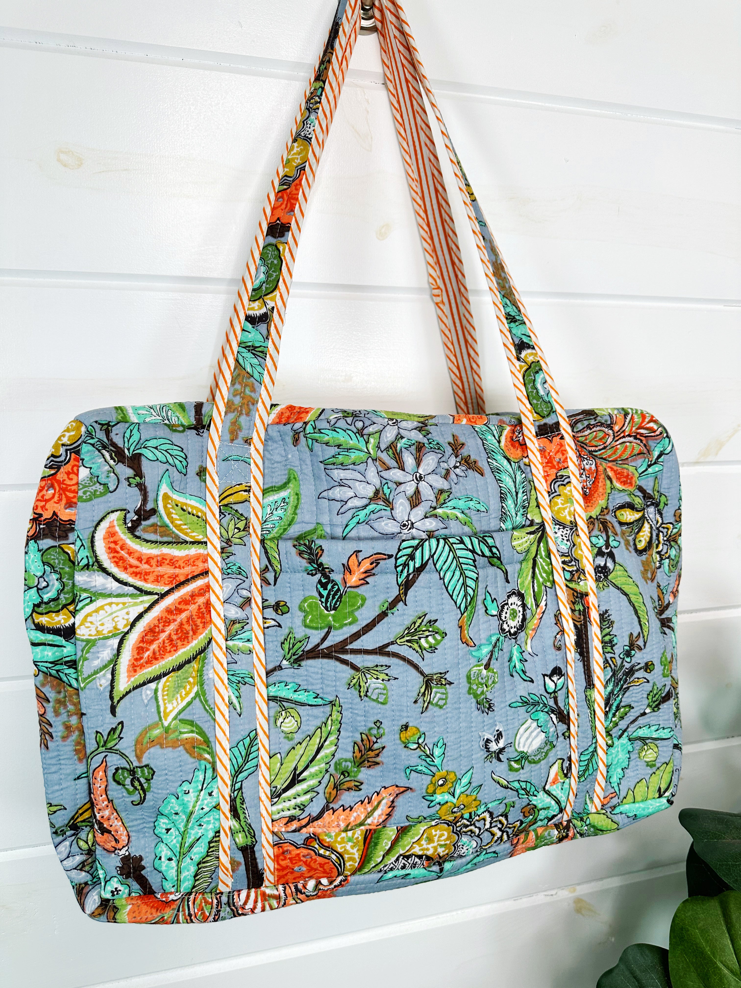 Blue Botanical Quilted Weekender Overnight Duffle Bag