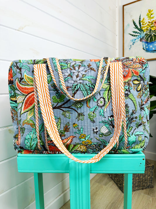 Blue Botanical Quilted Weekender Overnight Duffle Bag