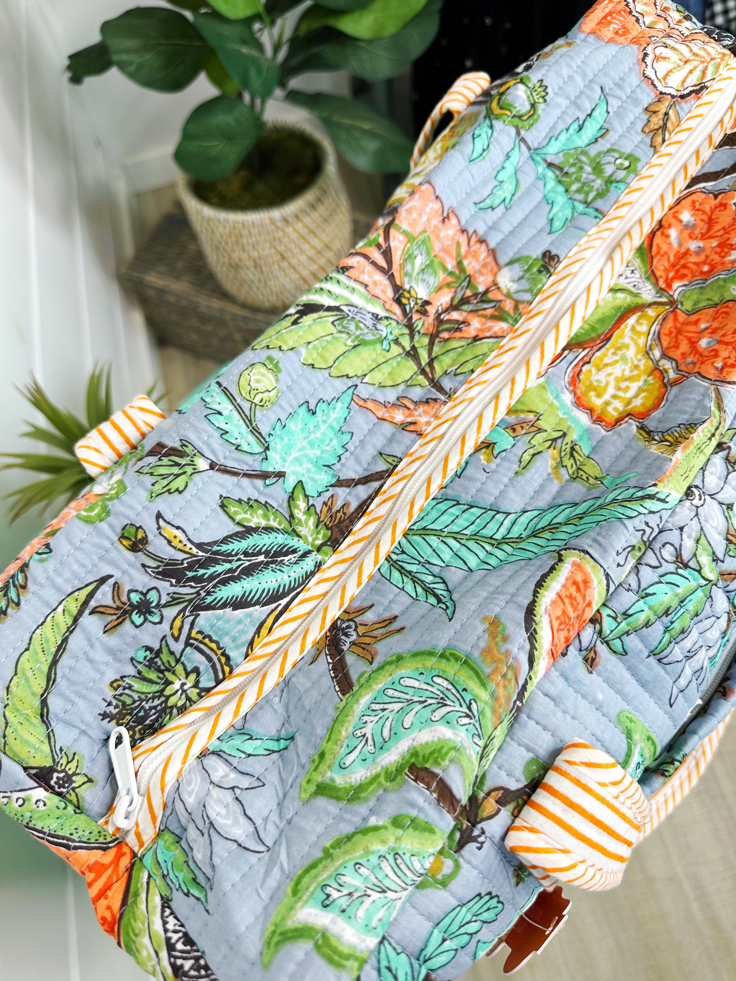 Blue Botanical Quilted Weekender Overnight Duffle Bag