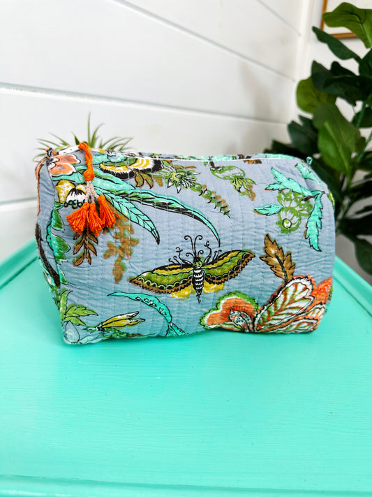 Blue Botanical Quilted Makeup Cosmetics Toiletry Bag