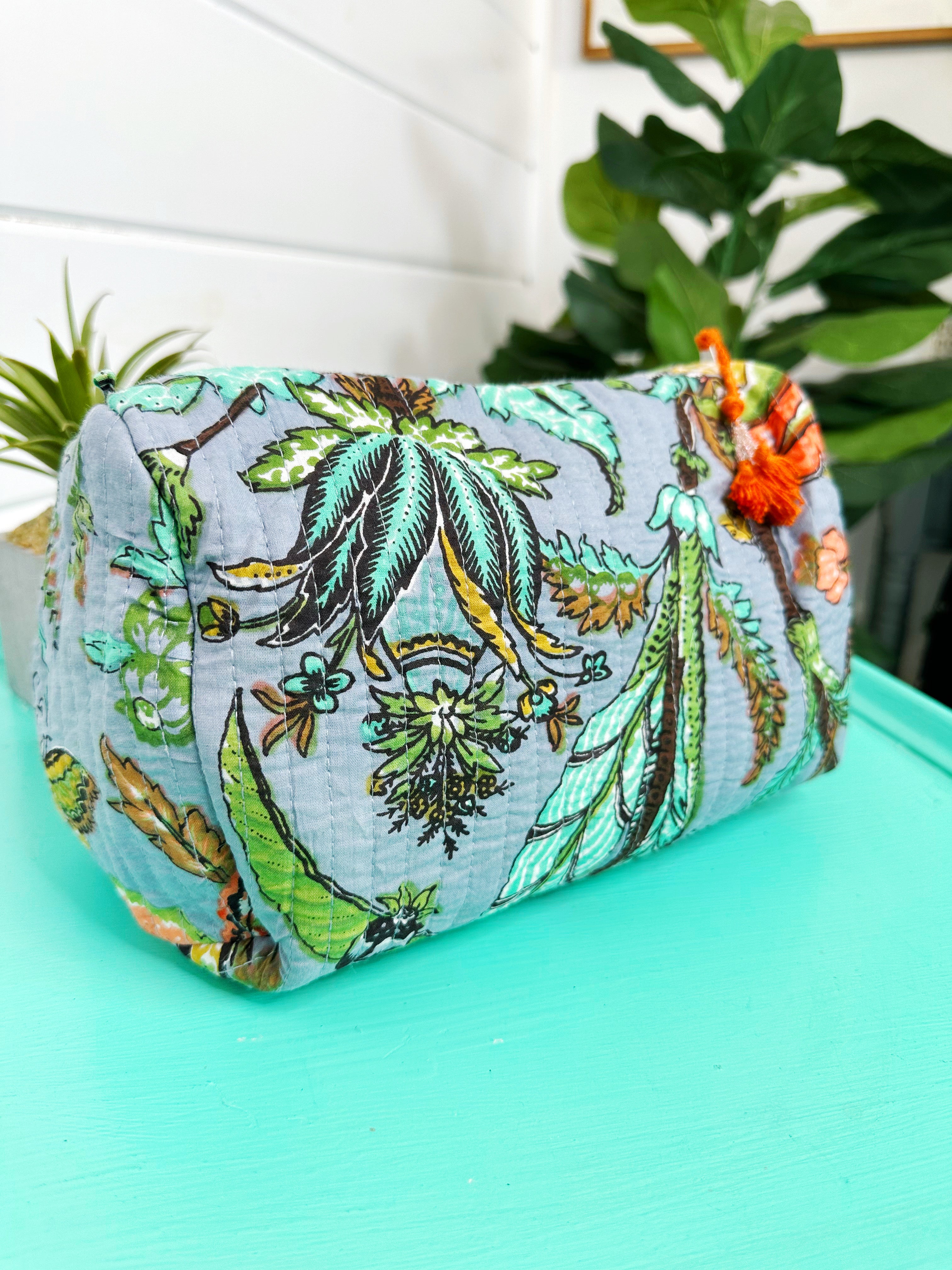 Blue Botanical Quilted Makeup Cosmetics Toiletry Bag