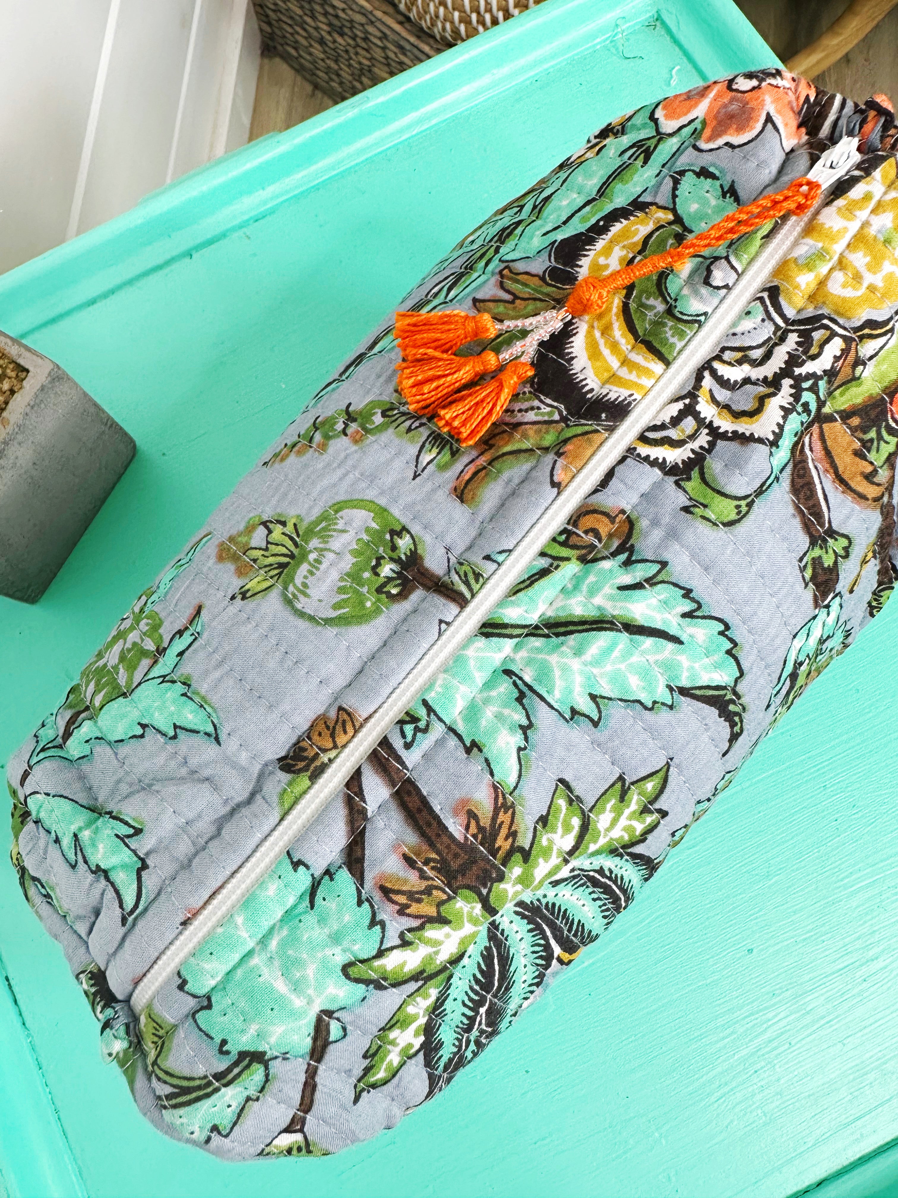Blue Botanical Quilted Makeup Cosmetics Toiletry Bag