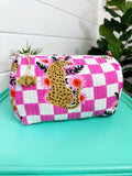 Pink Checkered Jaguar print quilted cosmetic bag, front view