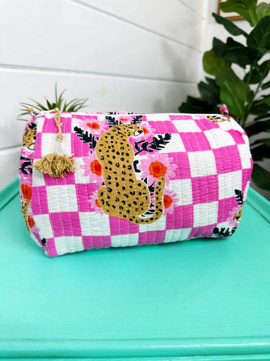Pink Checkered Jaguar Print Quilted Makeup Cosmetics Toiletry Bag