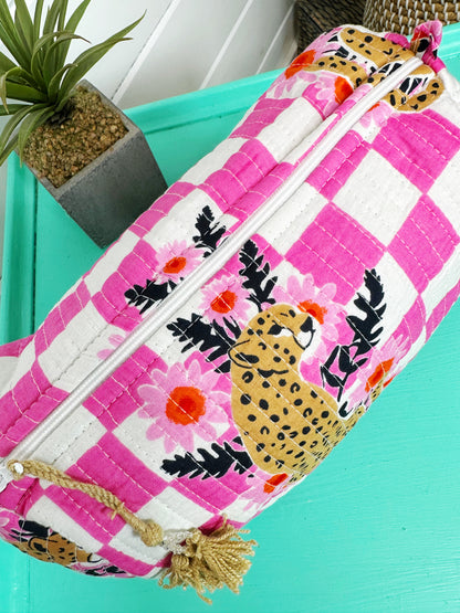Pink Checkered Jaguar Print Quilted Makeup Cosmetics Toiletry Bag