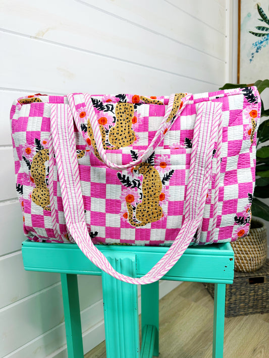 Pink Checkered Jaguar Print Quilted Weekender Overnight Bag