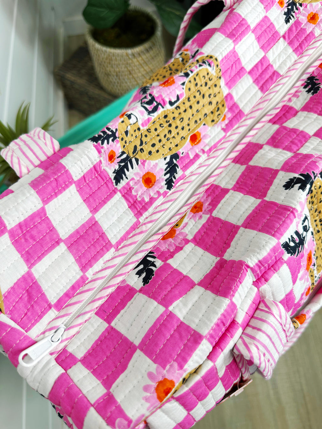 Pink Checkered Jaguar Print Quilted Weekender Overnight Bag