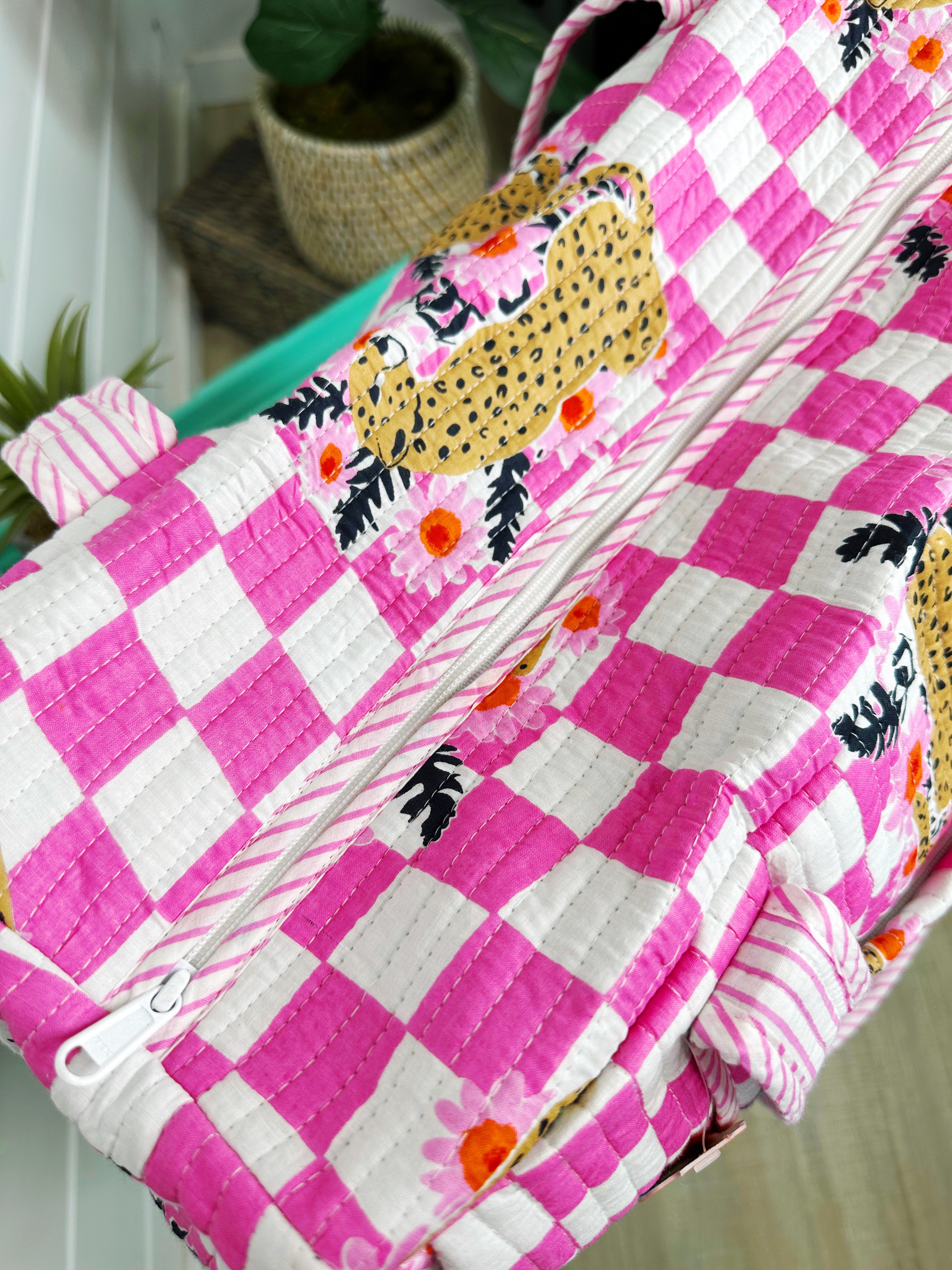 Pink Checkered Jaguar Print Quilted Weekender Overnight Bag