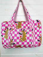 Pink Checkered Jaguar Print Quilted Weekender Overnight Bag