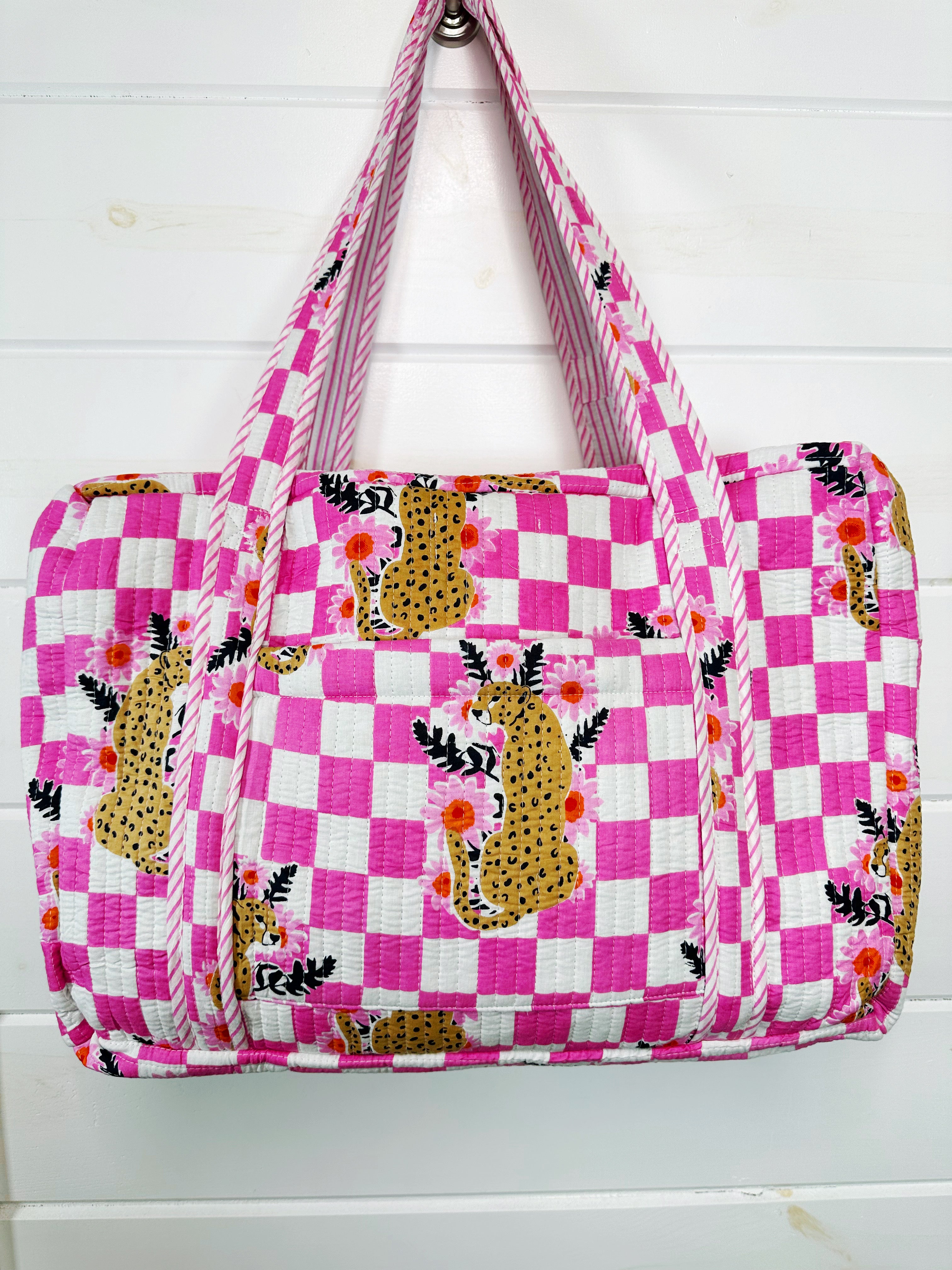 Pink Checkered Jaguar Print Quilted Weekender Overnight Bag