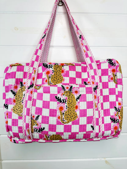 Pink Checkered Jaguar Print Quilted Weekender Overnight Bag