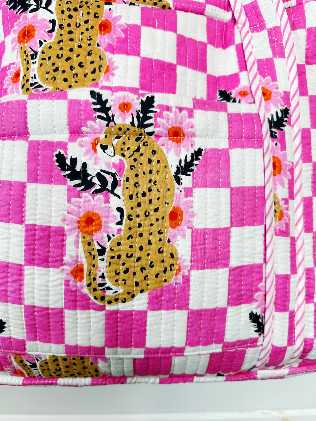 Pink Checkered Jaguar Print Quilted Weekender Overnight Bag