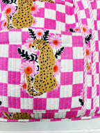 Pink Checkered Jaguar Print Quilted Weekender Overnight Bag