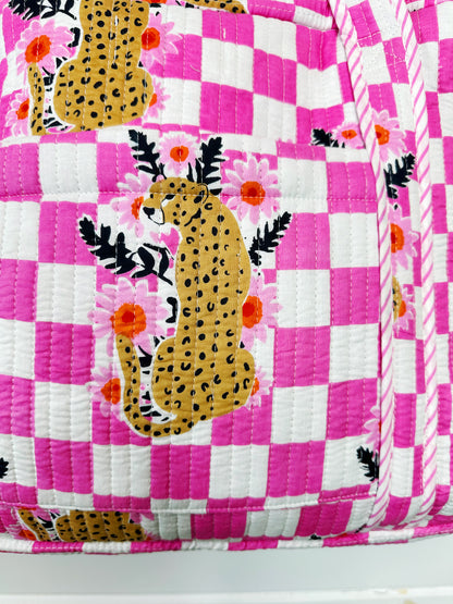 Pink Checkered Jaguar Print Quilted Weekender Overnight Bag