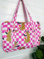 Pink Checkered Jaguar Print Quilted Weekender Overnight Bag
