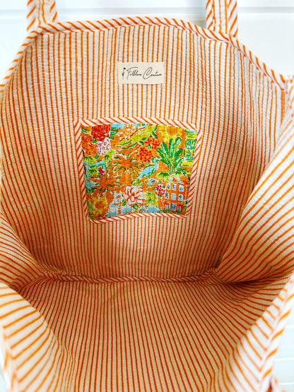 Orange Tropical Southern Town Print Quilted Cotton Reversible Large Tote Bag