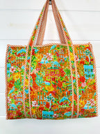 Orange Tropical Southern Town Print Quilted Cotton Reversible Large Tote Bag