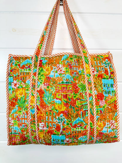 Orange Tropical Southern Town Print Quilted Cotton Reversible Large Tote Bag